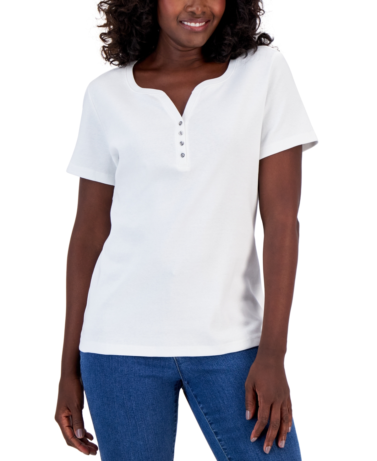 Petite Cotton Henley Top, Created for Macy's - Bright White