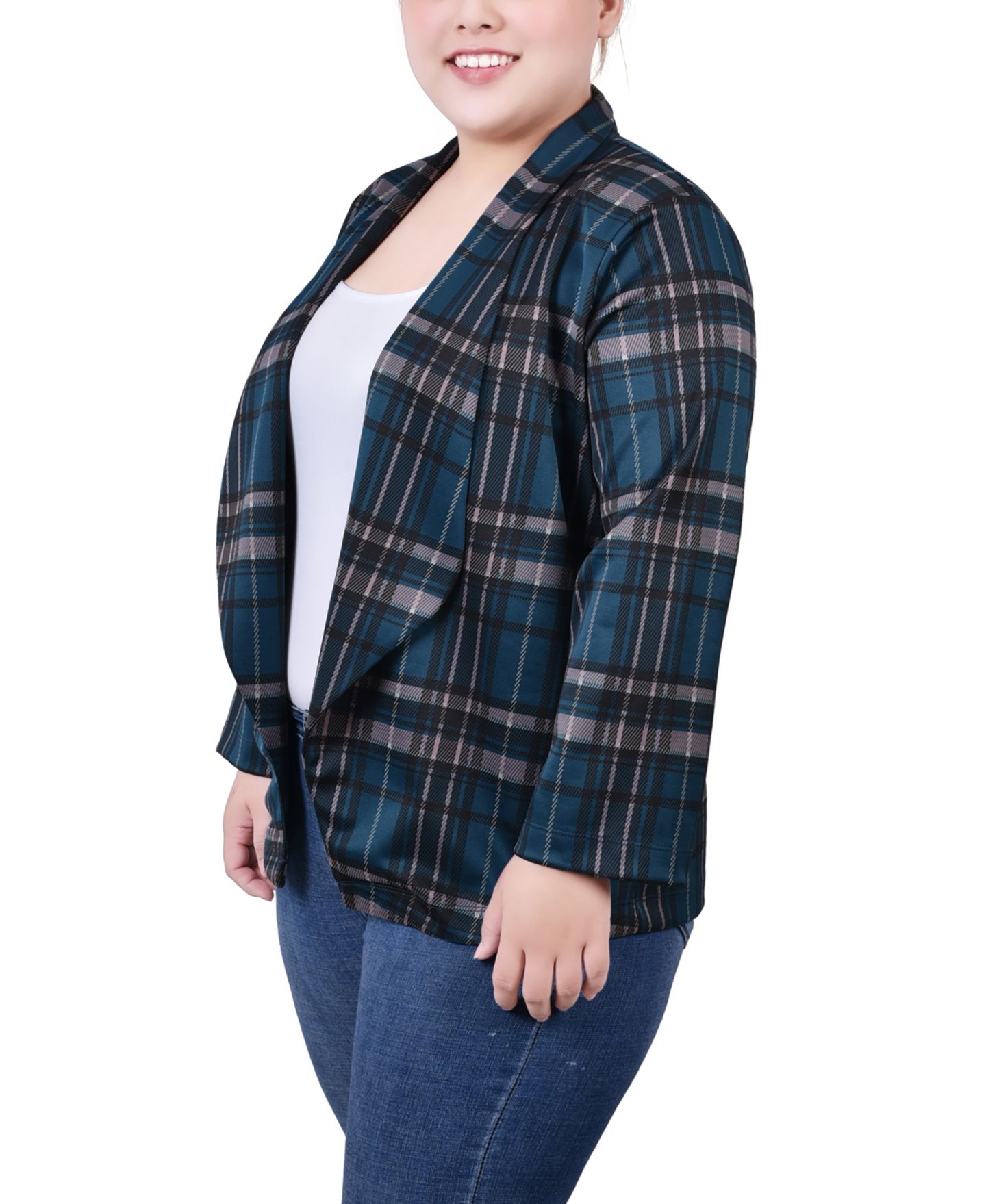Женский пиджак NY Collection Plus Size 3/4 Sleeve Ponte Blazer, цвет: Клетчатый — фото 3