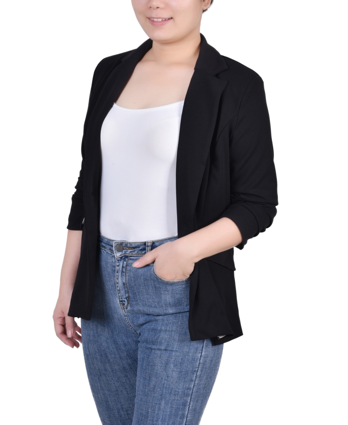 Ny Collection Women's 3/4 Rouched Sleeve Crepe Jacket - Black - Black Red Chain