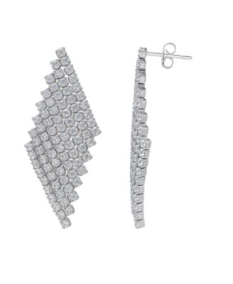 Fine Silver Plated Cubic Zirconia Dangling Diamond-Shaped Post Earrings