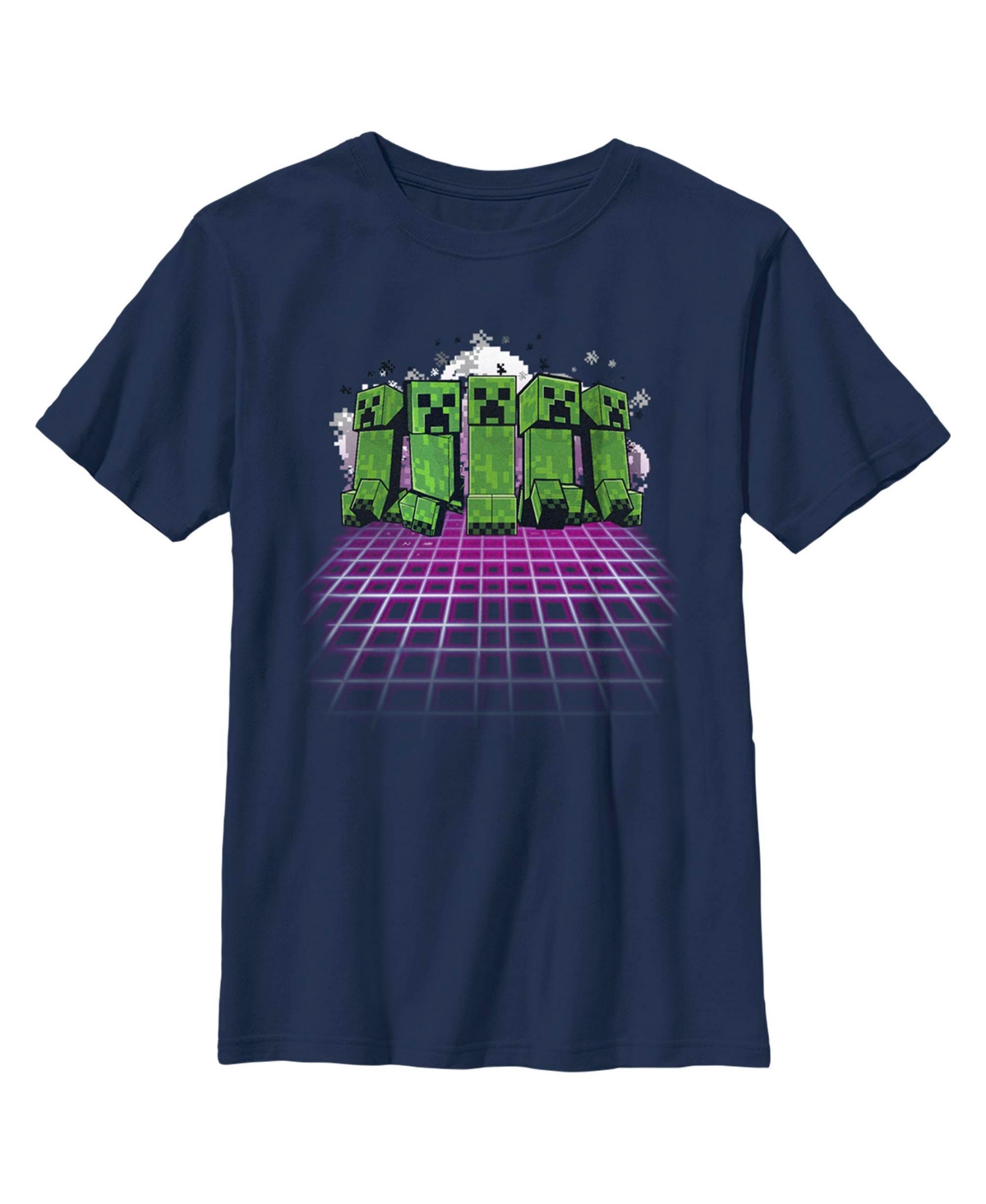 Microsoft Boy's Minecraft Creeper Holographic Grid Floor Child T-shirt In Navy Blue