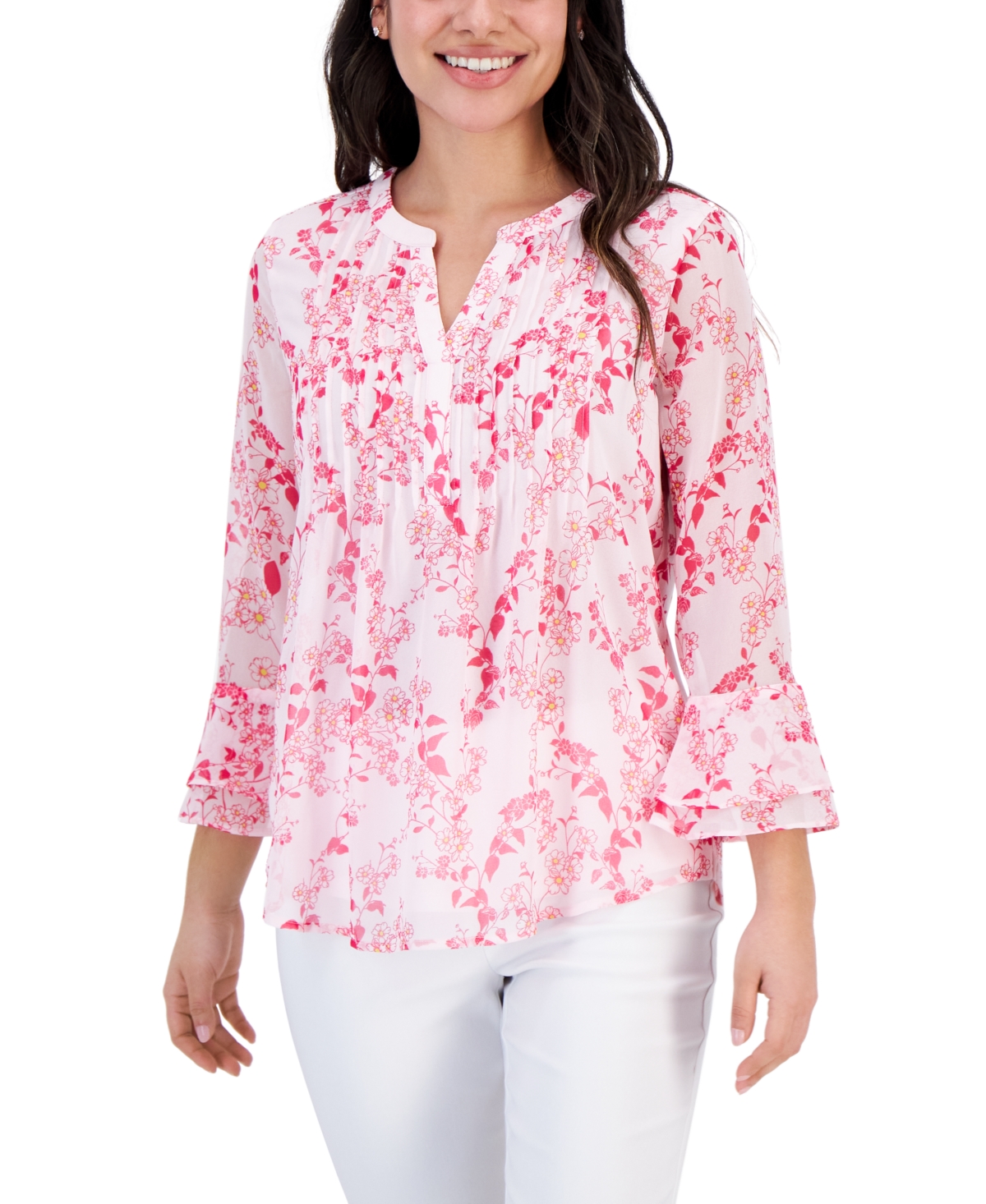 Charter Club Petite Blooming Print Pintuck Bell-sleeve Top, Created For  Macy's In Bold Strawberry Combo | ModeSens