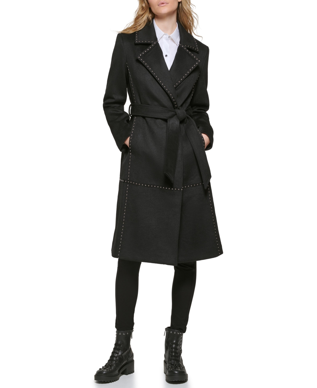 Women's Studded Belted Wrap Coat - Black