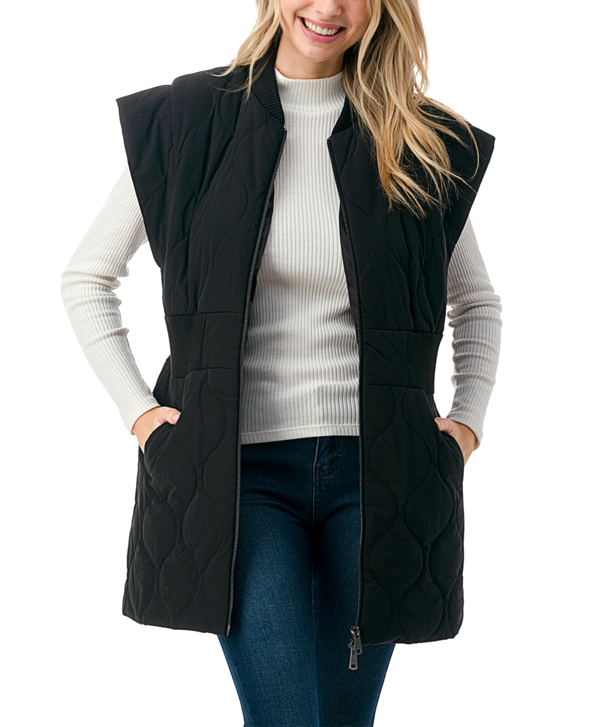 Women's Zipper Front Quilted Long Vest - Black
