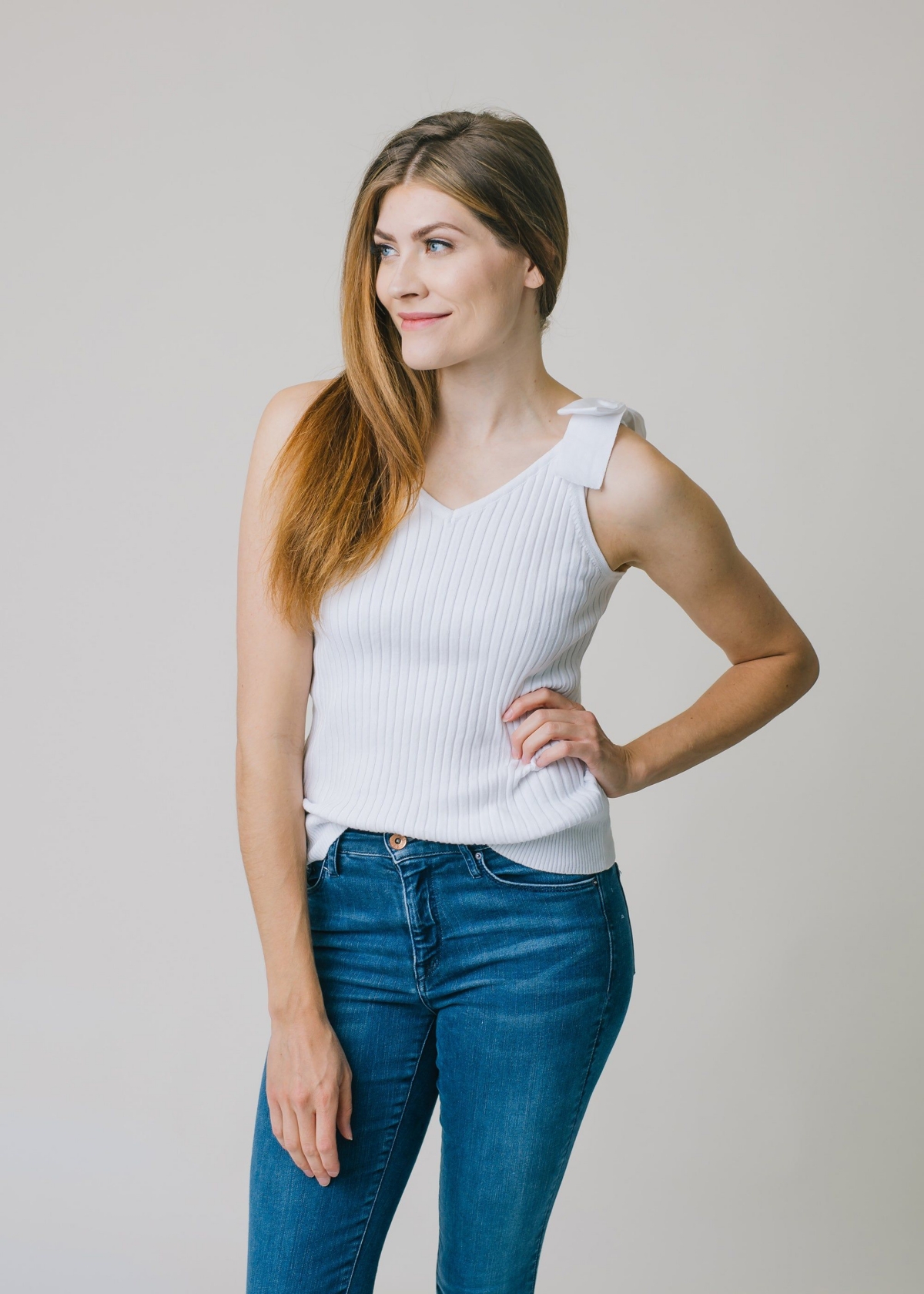 Hope & Henry Womens' V-Neck Rib Knit Tank with Bow