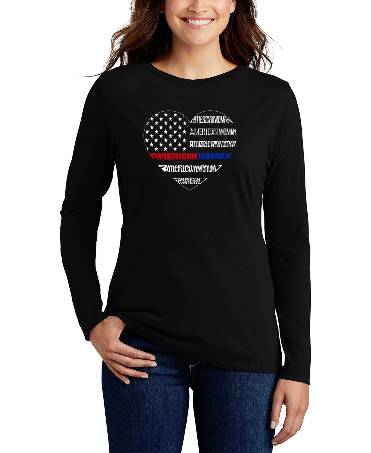 Женская футболка LA Pop Art American Woman Word Art Long Sleeve, цвет: Чёрный — фото 1