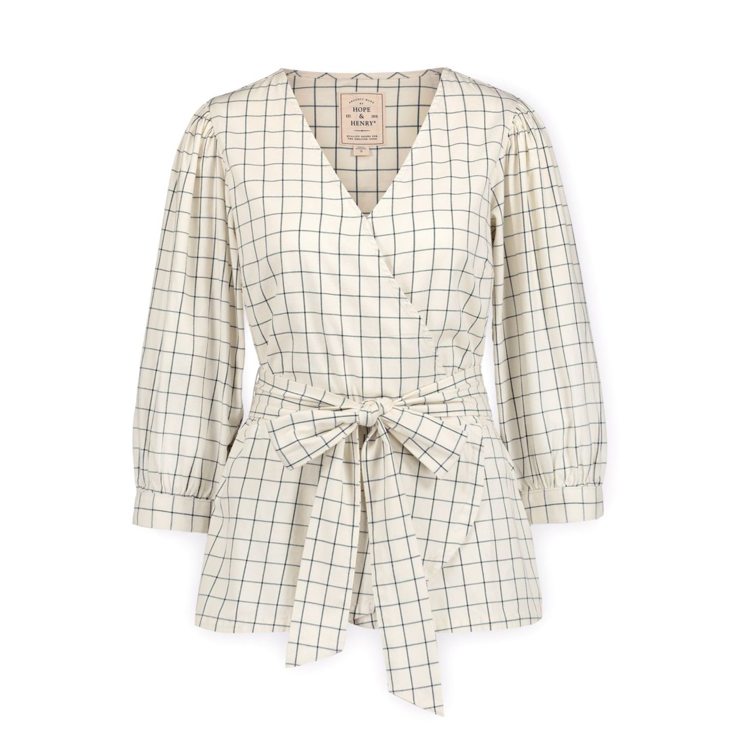 Женский топ Hope & Henry Puff Sleeve Wrap, цвет: Молочный / Тёмно-синий — фото 3