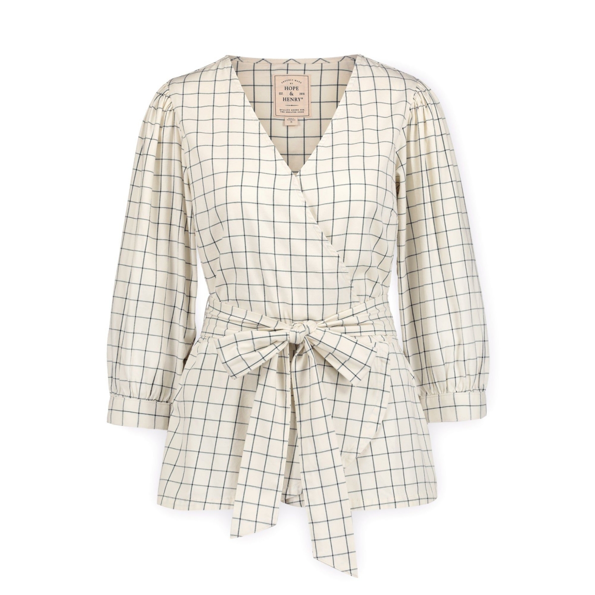 Hope & Henry Women's Puff Sleeve Wrap Top - Ivory and Navy Windowpane