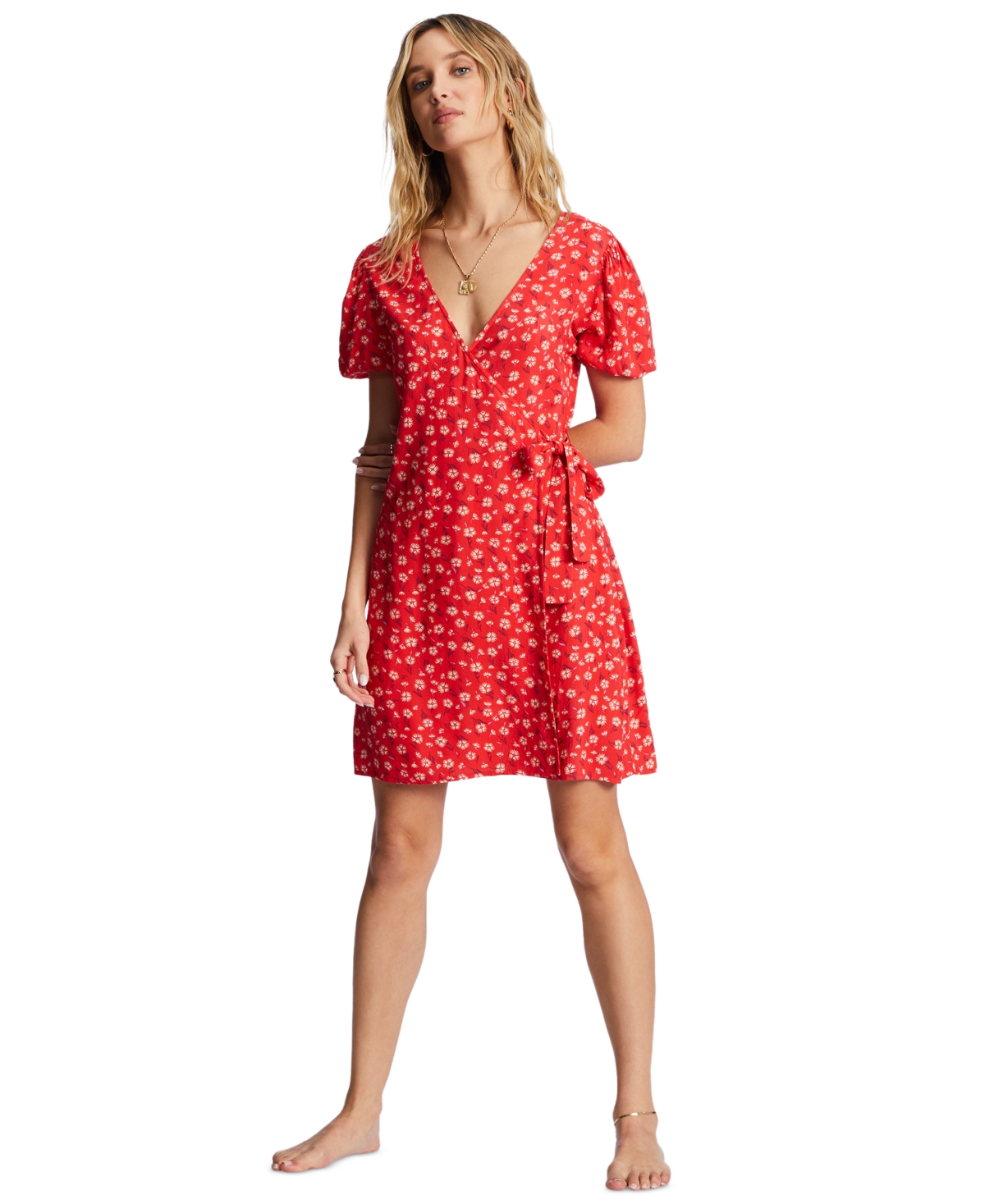 Shop Billabong Juniors' Hot Tropics Mini Floral Wrap Dress In Bright Poppy