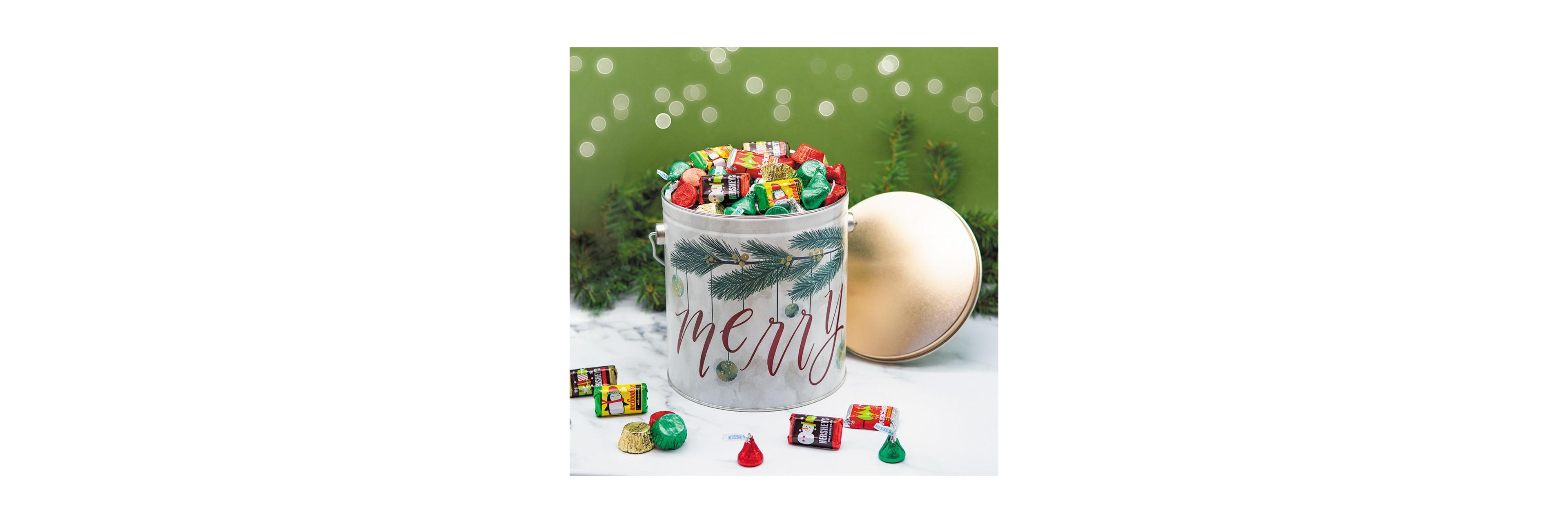 Just Candy Christmas Gift Tin with Hershey's Holiday Chocolate Candy Mix, 3.7 Pounds