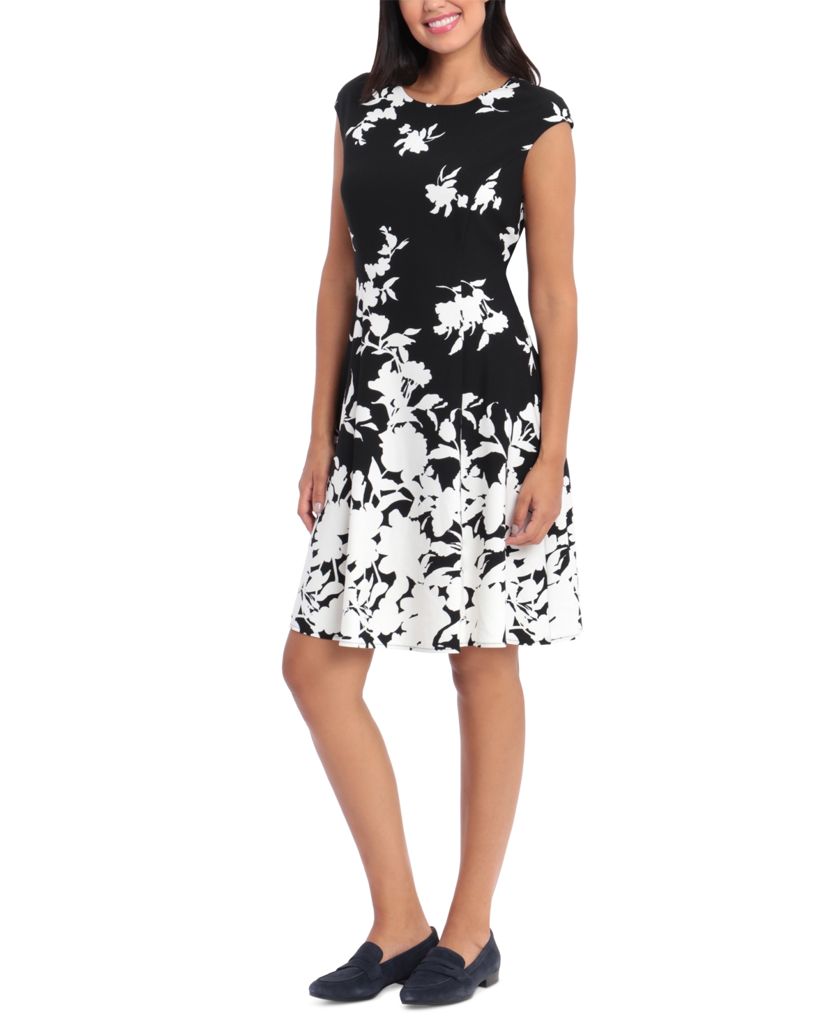 Women's Printed Cap-Sleeve Fit & Flare Dress - Black/White