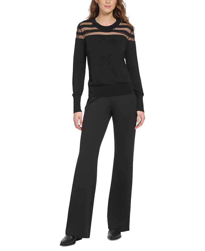 WAVE TRIM SLATE BLUE STRIPED YOKE EMBROIDERY AND PRINTED TOP main image 0