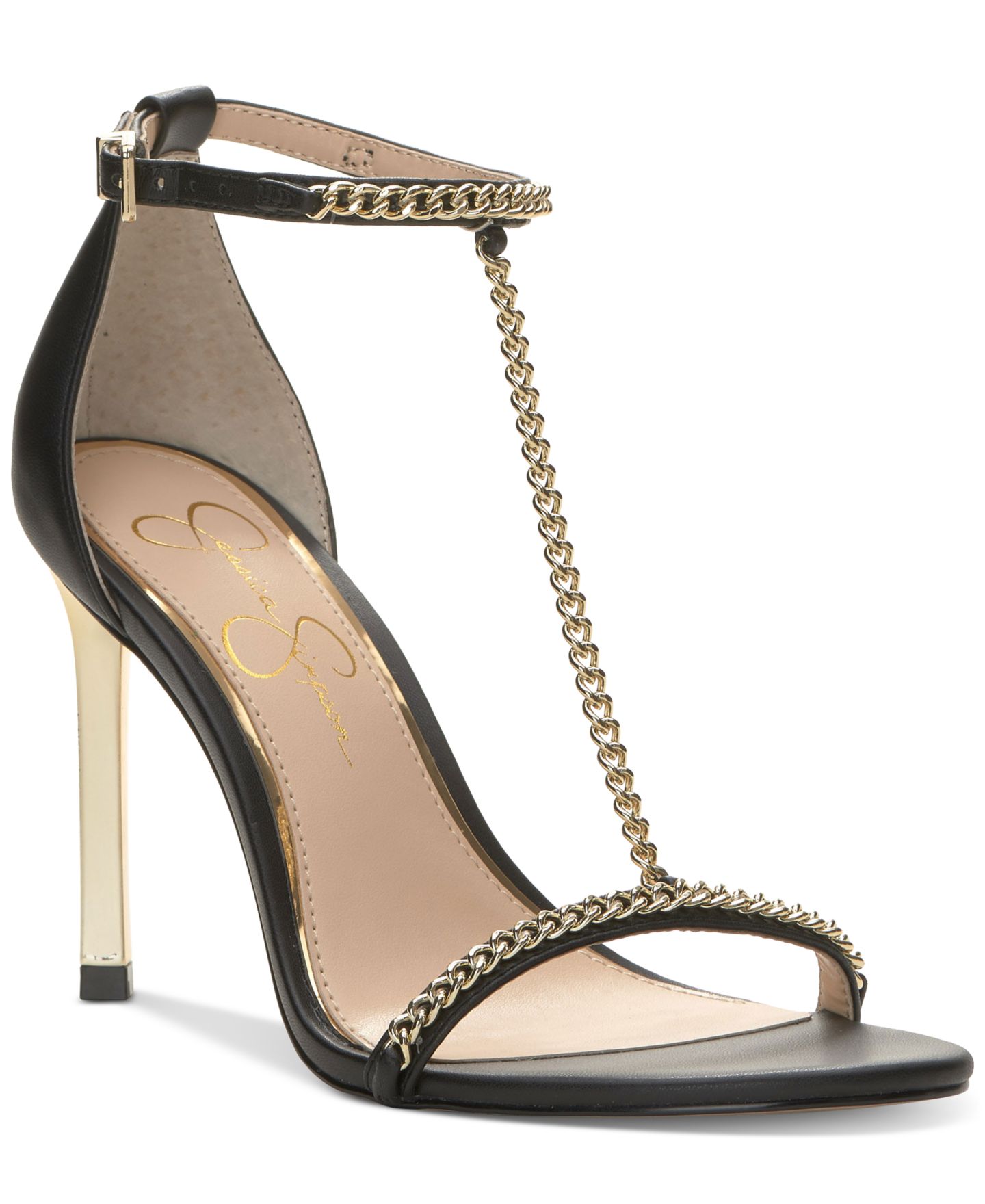 Женские сандалии Jessica Simpson Qiven T-Strap Chain Heeled Dress Sandals, цвет: Чёрный — фото 1