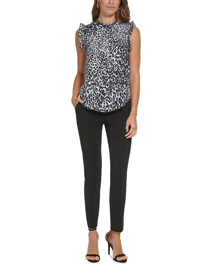 DKNY Petite Animal-Print Sleeveless Ruffle-Trim Blouse, Created for ...