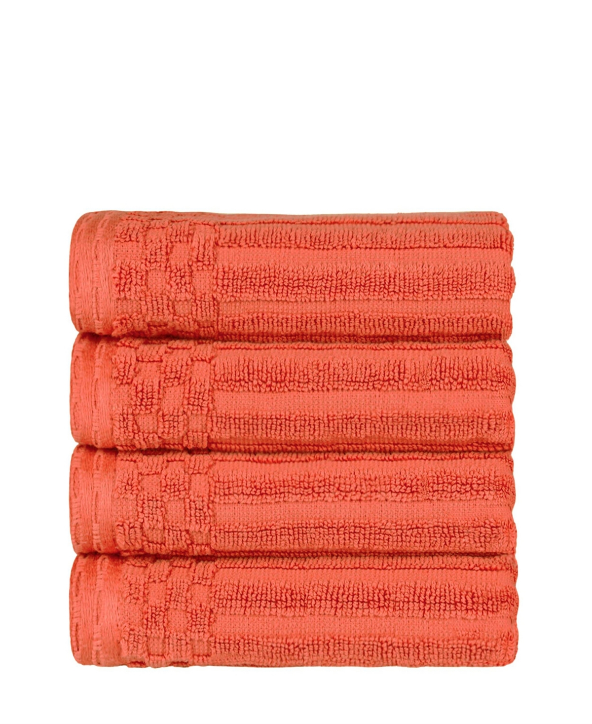 Superior Soho Checkered Border Cotton 4 Piece Cotton Hand Towel Set, 28" X 16" In Coral