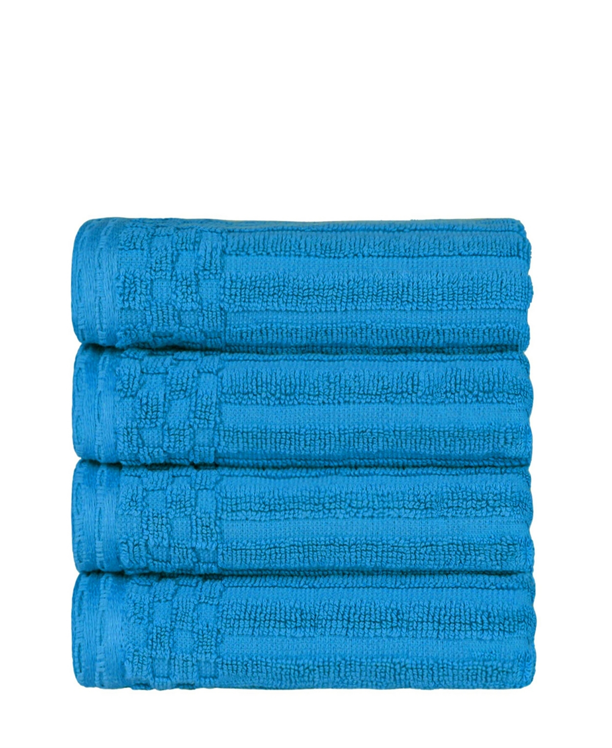 Superior Soho Checkered Border Cotton 4 Piece Cotton Hand Towel Set, 28" X 16" In Azure