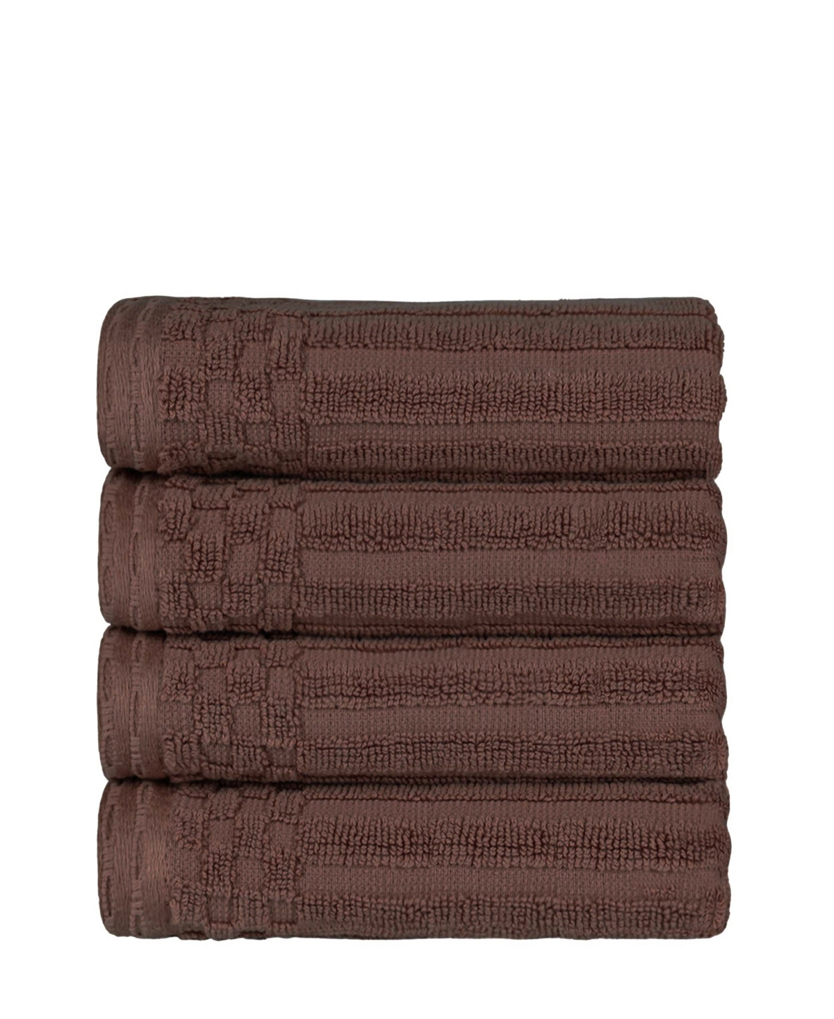 Superior Soho Checkered Border Cotton 4 Piece Cotton Hand Towel Set, 28" X 16" In Java