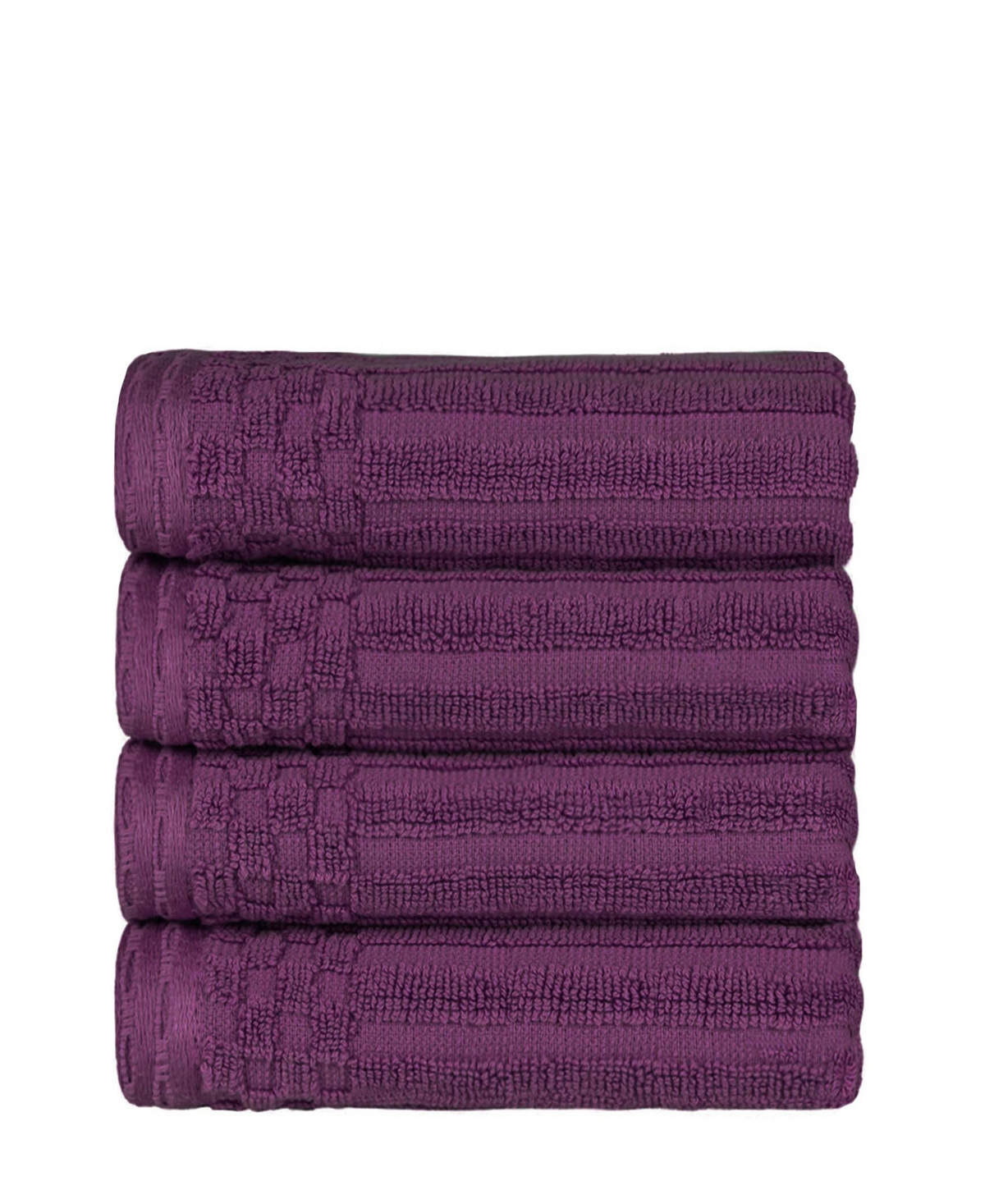 Superior Soho Checkered Border Cotton 4 Piece Cotton Hand Towel Set, 28" X 16" In Plum