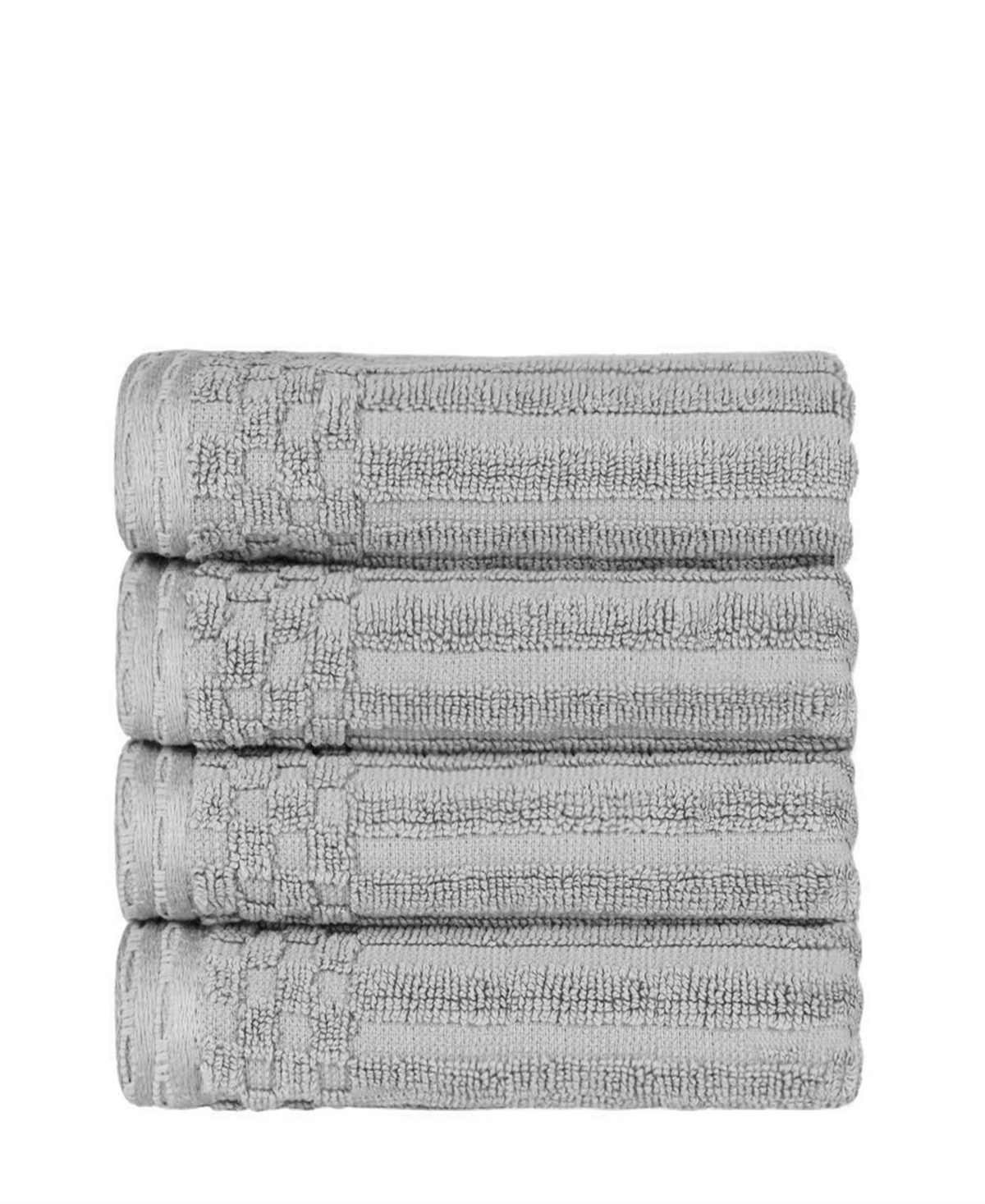 Superior Soho Checkered Border Cotton 4 Piece Cotton Hand Towel Set, 28" X 16" In Silver
