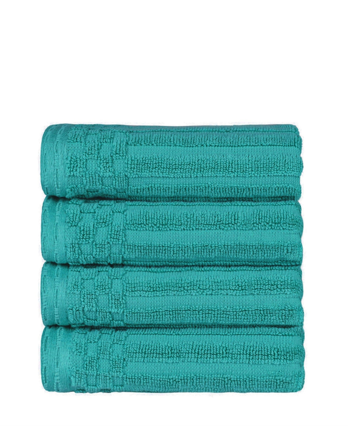 Superior Soho Checkered Border Cotton 4 Piece Cotton Hand Towel Set, 28" X 16" In Turquoise