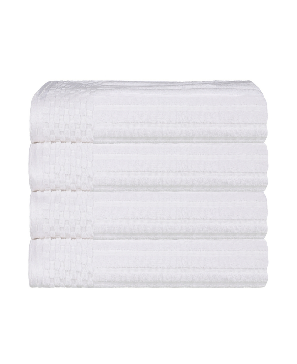 Superior Soho Checkered Border Cotton 4 Piece Cotton Hand Towel Set, 28" X 16" In White