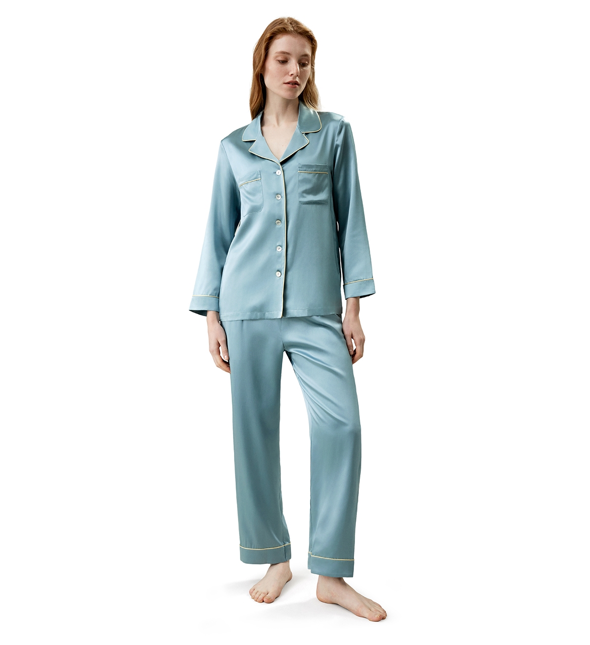 Women's 22MM Gold Piping Silk Pajamas Set - Blue Haze