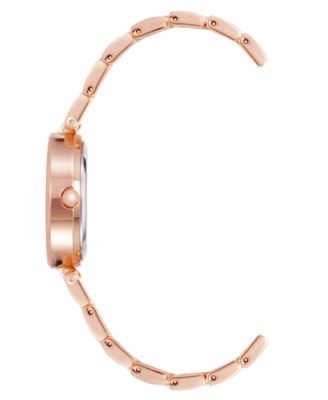 Women's Rose Gold-Tone Alloy Bracelet with Burgundy Enamel and Crystal Accents Fashion Watch 34mm Set 4 Pieces