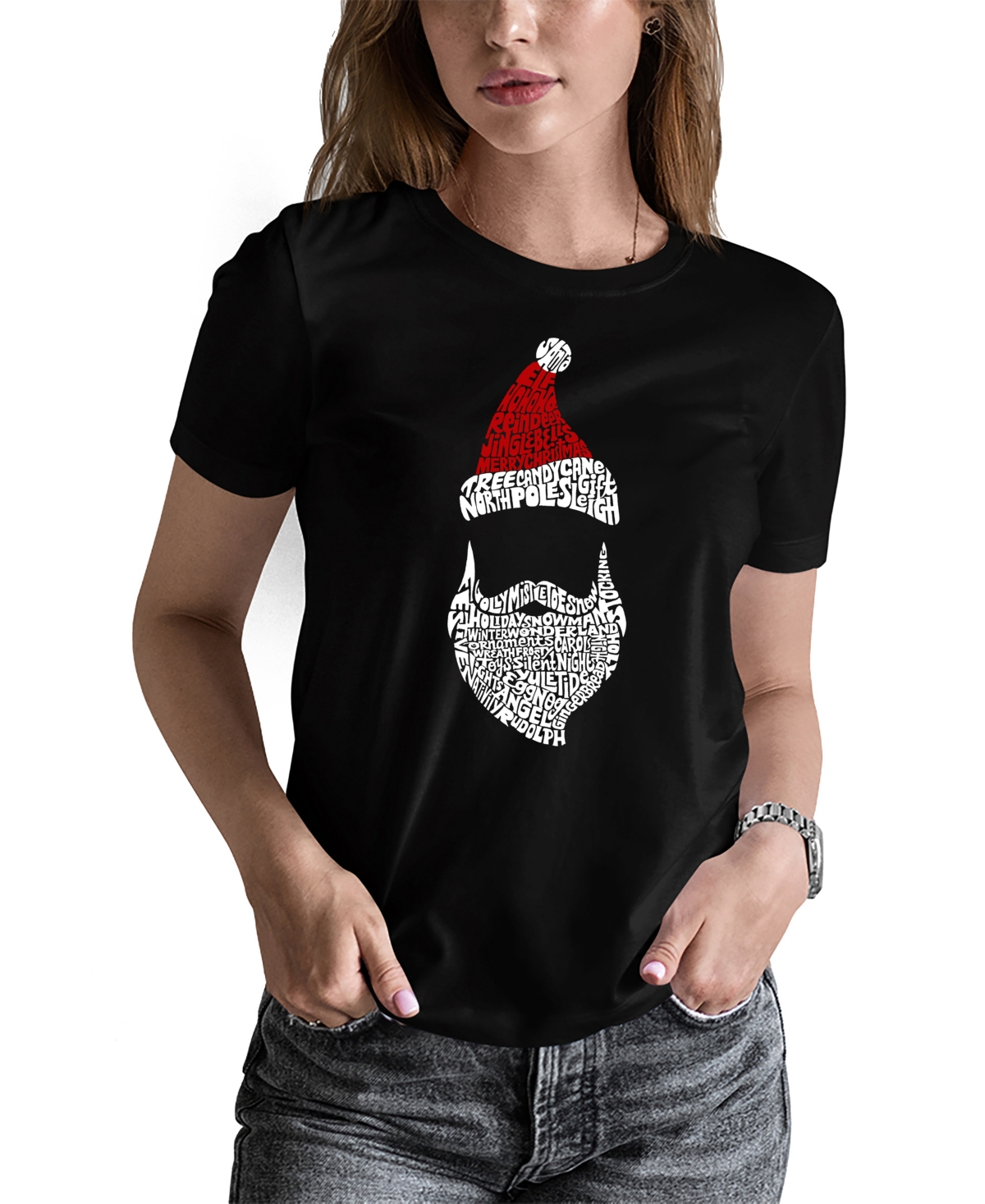 La Pop Art Women's Santa Claus Word Art T-shirt In Black