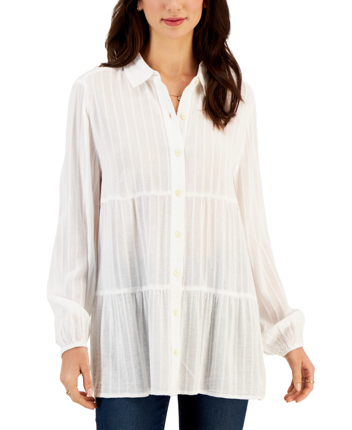 STYLE & CO PETITE TIERED BUTTON-FRONT LONG-SLEEVE SHIRT, CREATED FOR MACY'S