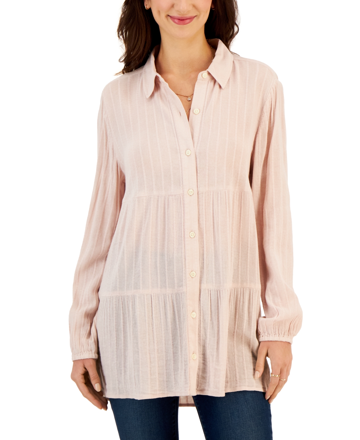 Shop Style & Co Petite Tiered Button-front Long-sleeve Shirt, Created For Macy's In Mocha Rose