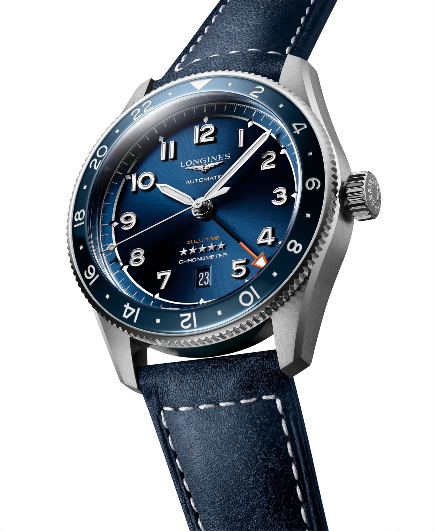 Мужские часы Longines Swiss Automatic Spirit Zulu Time Blue Leather Strap Watch 42mm — фото 3