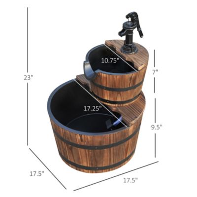 2 Tier Fountain Rustic Wood Barrel Water Fountain w/ Pump Garden Decor