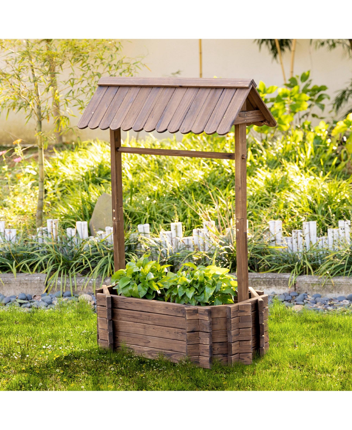 Outsunny Wooden Wishing Well Raised Garden Bed, Flower Planter,