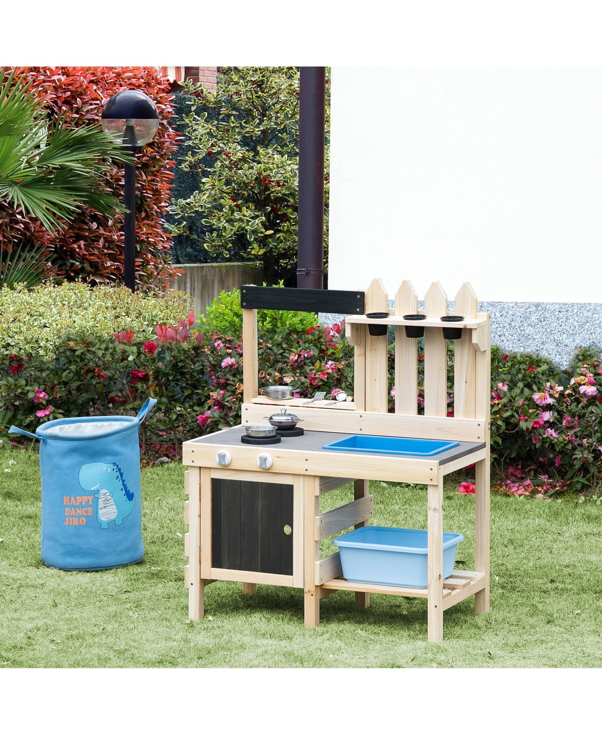 Outdoor Play Wooden Kitchen Set with Sink, Toy Pots, Pans, Spoon