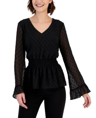 Fever - Women's Smocked Bell-Sleeve Dot Top