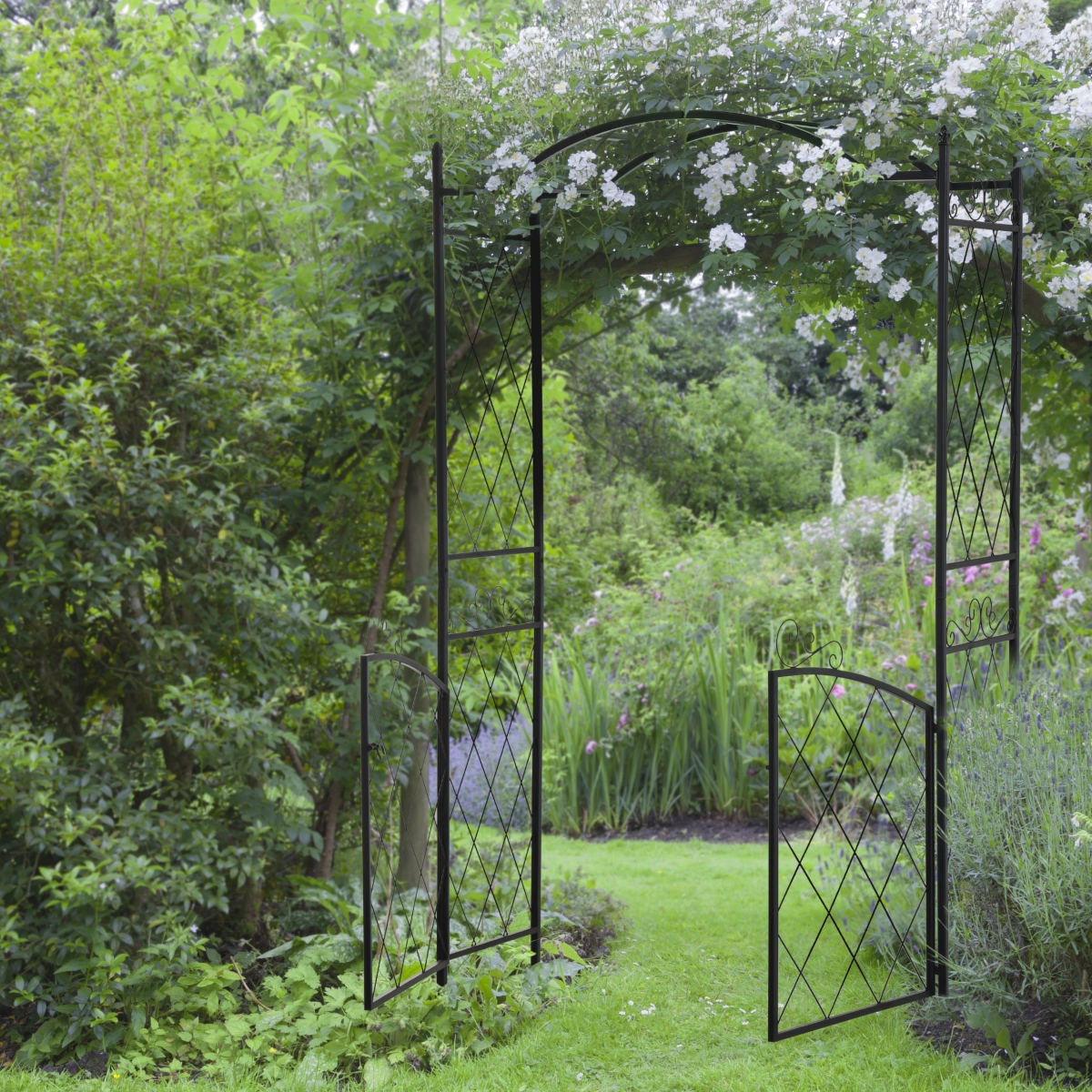 85" x 19" Metal Garden Arch & Gate with Scrollwork for Climbing Vine - Black