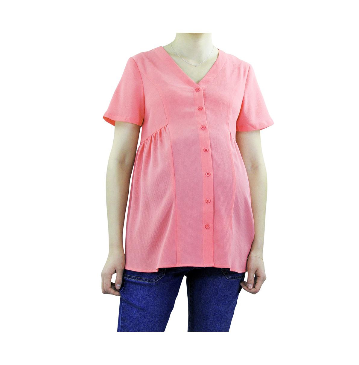 Maternity Short Sleeve Button Front Top - Bright Pink