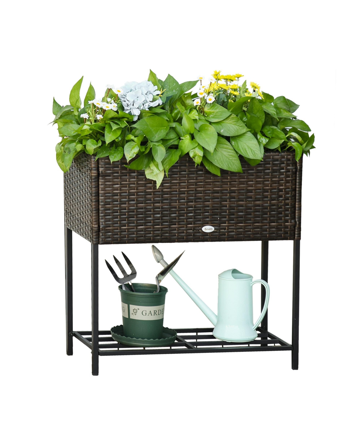 Pe Rattan Outdoor Raised Flower Garden Planter Bed w/ Shelf, Brown - Brown