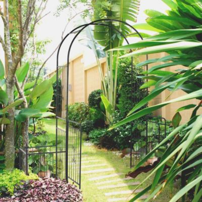 87in Metal Garden Arbor Arch Gate w/ 2 Side Planter Boxes & Vine Frame