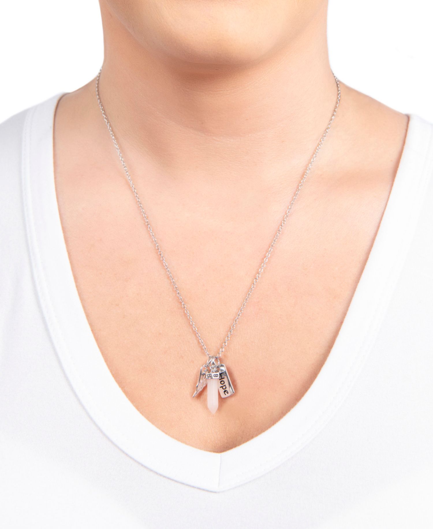 Rose Quartz Stone Charm Necklace in Fine Silver Plated Brass