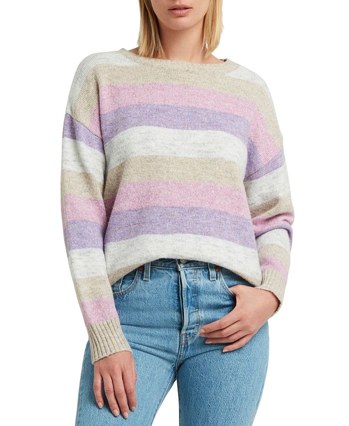 H Halston Women s Striped Crewneck Drop Shoulder Sweater Macy s