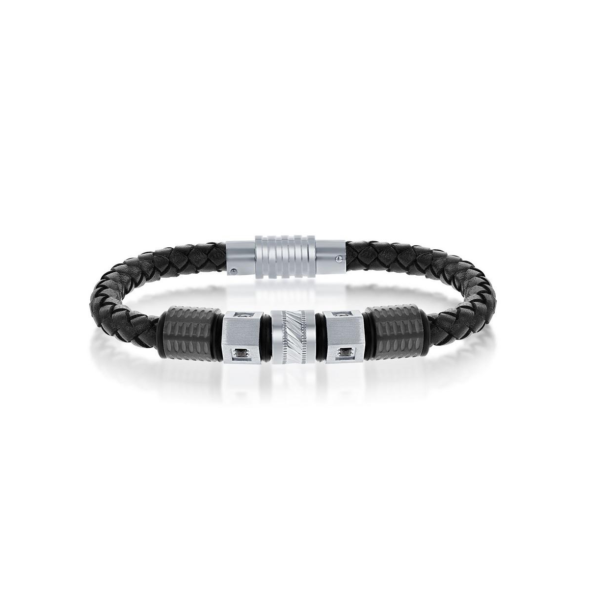 Blackjack Black & Silver Stainless Steel W/ Black Cz Genuine Leather Bracelet In Silver