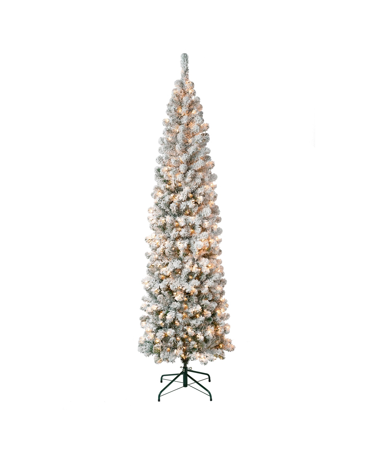 National Tree Company First Traditions 7.5' Acacia Pencil Slim Flocked Tree With Clear Lights In Green