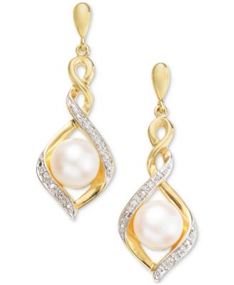 Cultured Freshwater Pearl (7 mm) & Cubic Zirconia Twist Drop Earrings in 14k Two-Tone Gold-Plated Sterling Silver