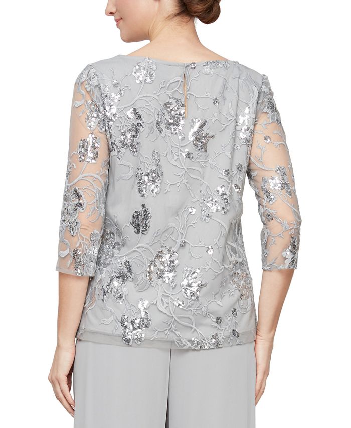 Alex Evenings Women's Sequined Embroidered Illusion-Sleeve Top - Macy's