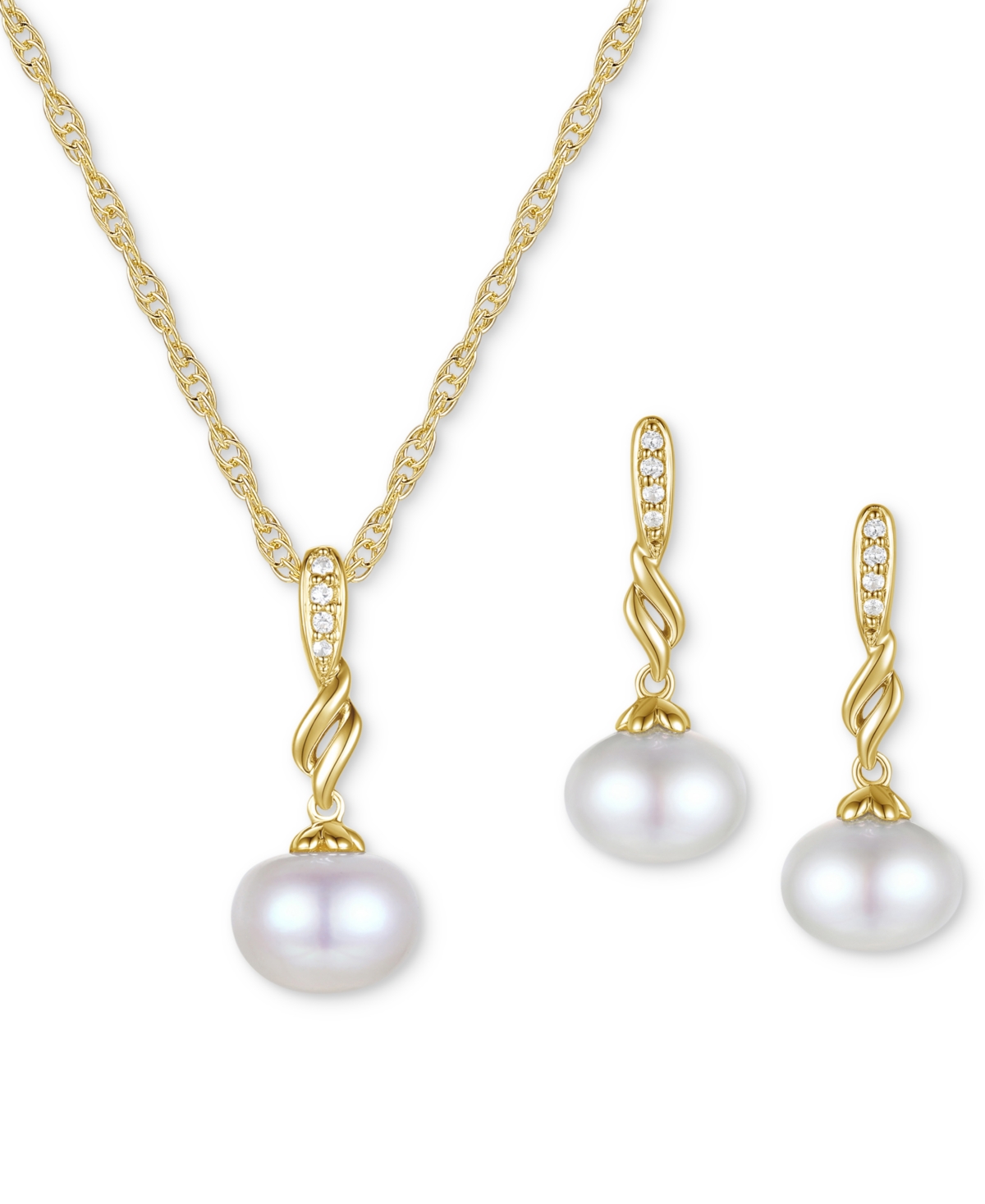 Macy's 2-pc. Set Cultured Freshwater Pearl (7-8mm) & White Topaz (1/20 Ct. T.w.) Pendant Necklace & Matchin In Gold Over Sterling Silver