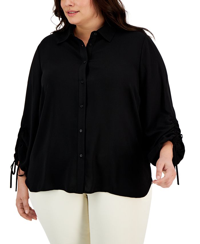 Anne Klein Plus Size Ruched-Sleeve Blouse - Macy's