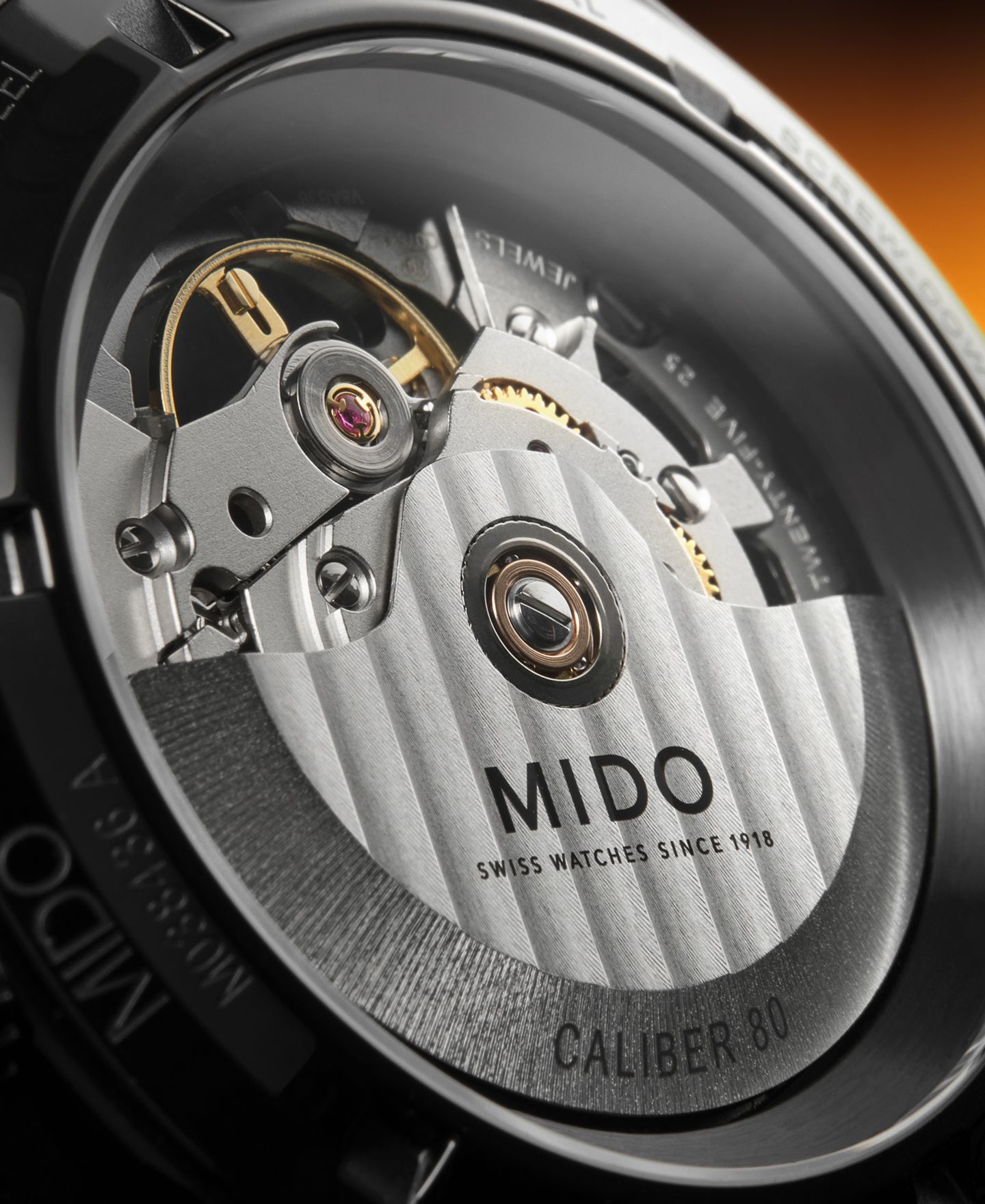 Мужские часы Mido Swiss Automatic Multifort Skeleton Vertigo Black and Orange Fabric Strap Watch 42mm — фото 7