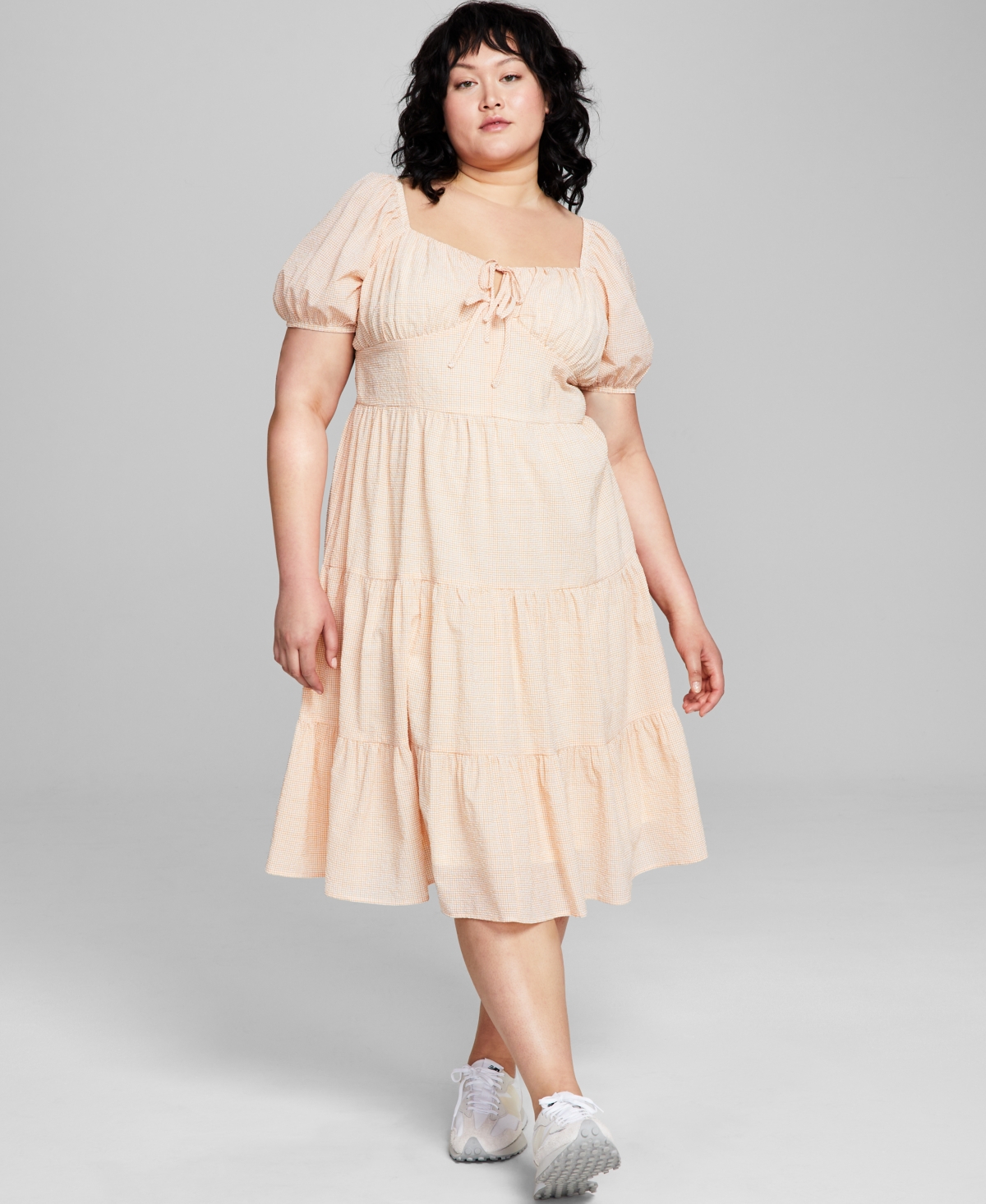 And Now This Plus Size Sweetheart-neck Puff-sleeve Tiered Midi Dress In Tan Print