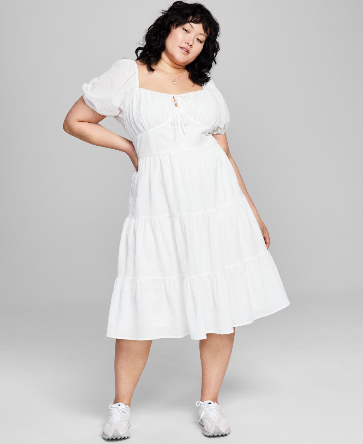 And Now This Plus Size Sweetheart-neck Puff-sleeve Tiered Midi Dress In White